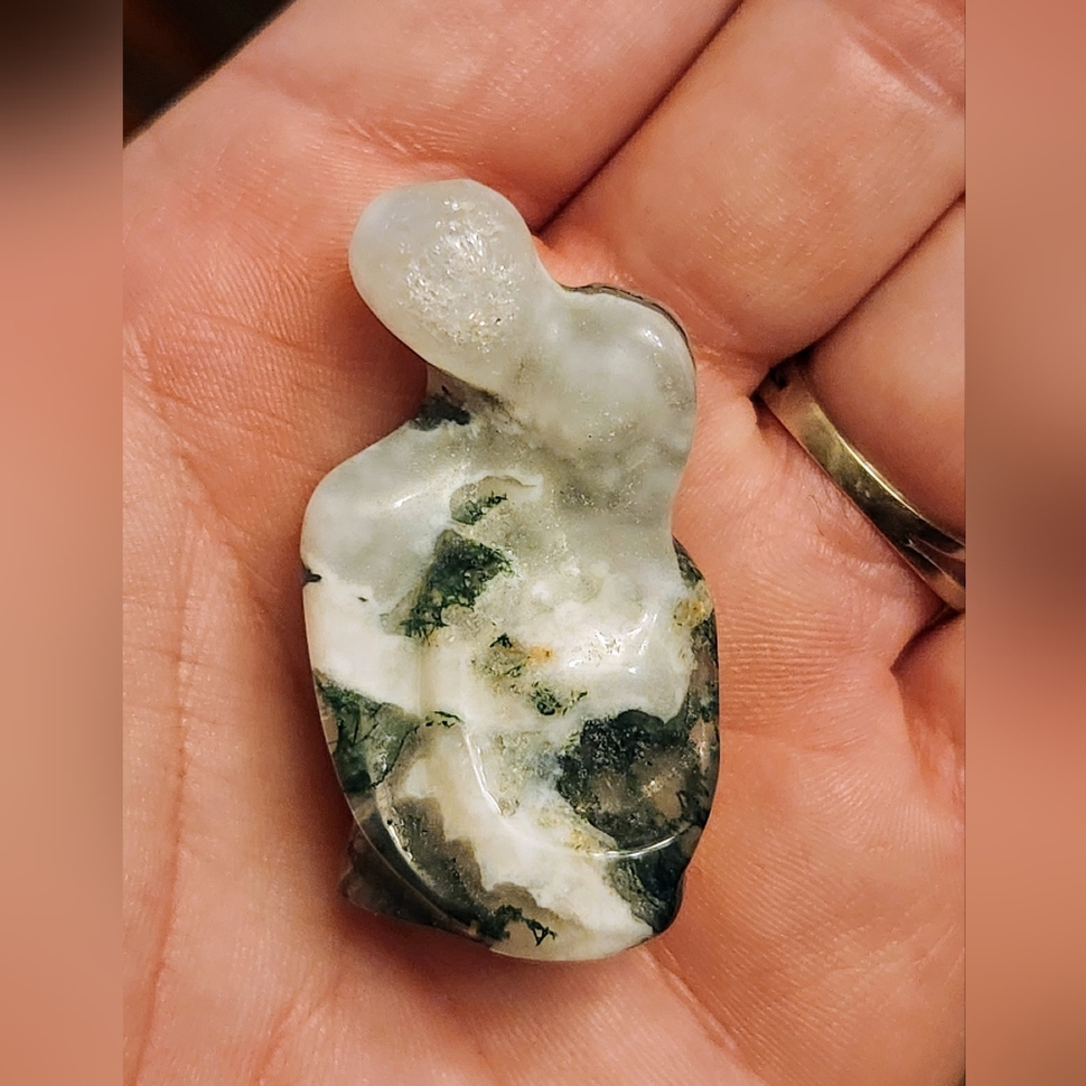 Genuine Druzy Moss Agate Couple Carving. Crystal Decor